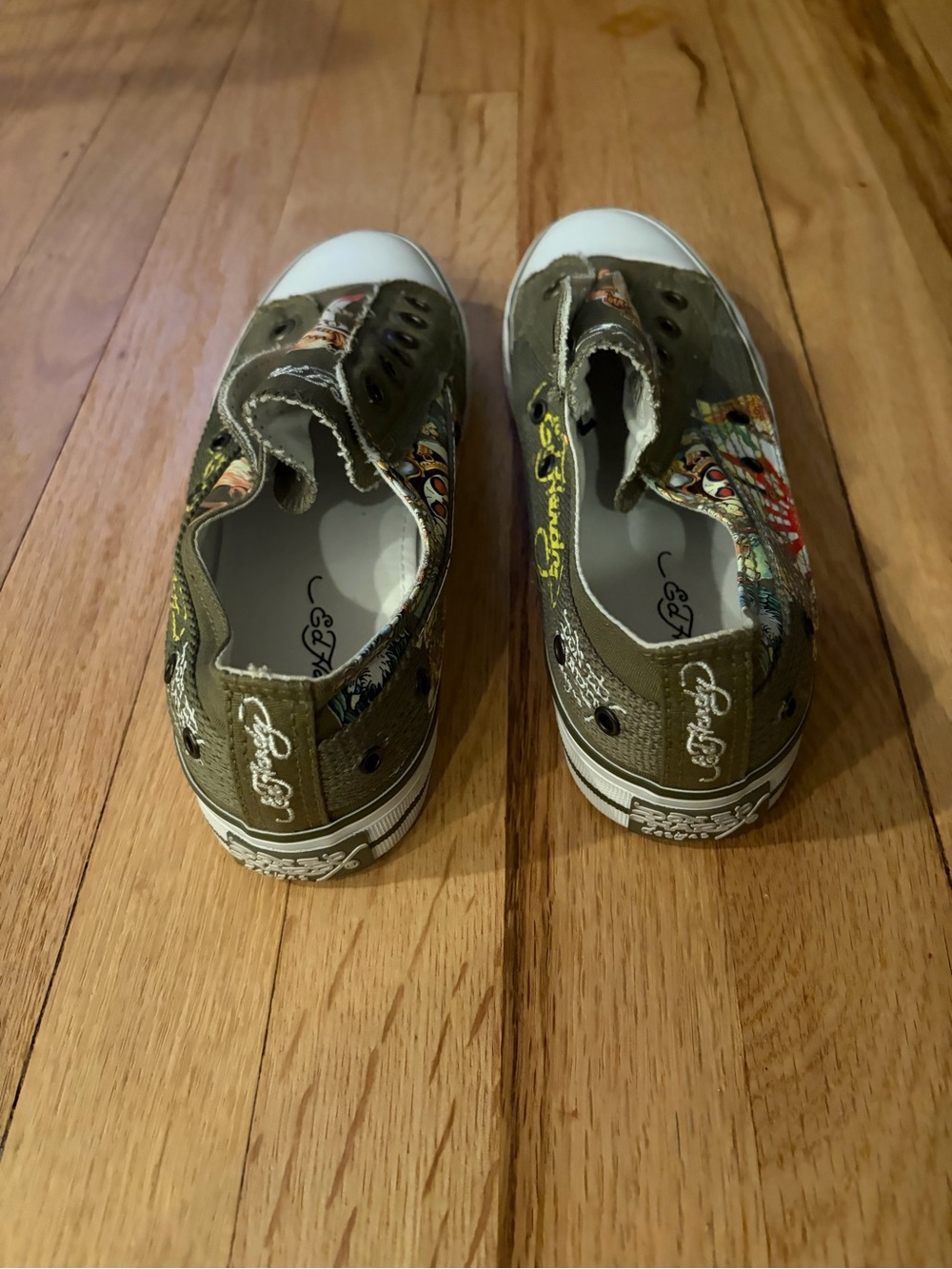 Olive Green Ed Hardy Canvas Slip-On Women's Sneakers - Picture 4 of 6